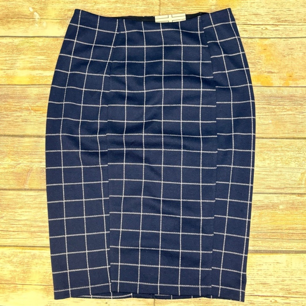 NWT Liverpool Reese Navy‎ Plaid Academia Fall Stretch Pull On Pencil Skirt Sz 2
